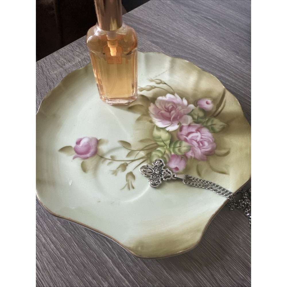 Lefton China Platter Gold Rimmed Sea Shell Shaped Floral Green Pink Tray